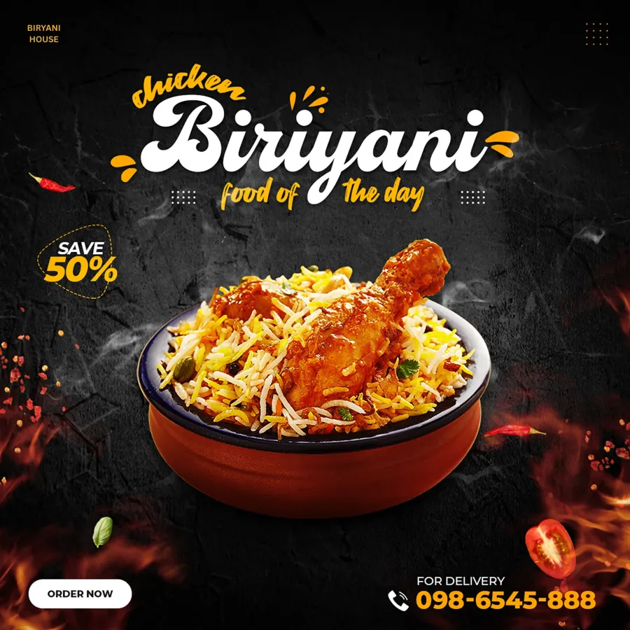 Food promotion on a near-black slate ground: the bowl lit so the steam reads, script and heavy display type stacked over it, and the discount held in the one warm shape on the page — built so the offer still lands at thumbnail size in a feed