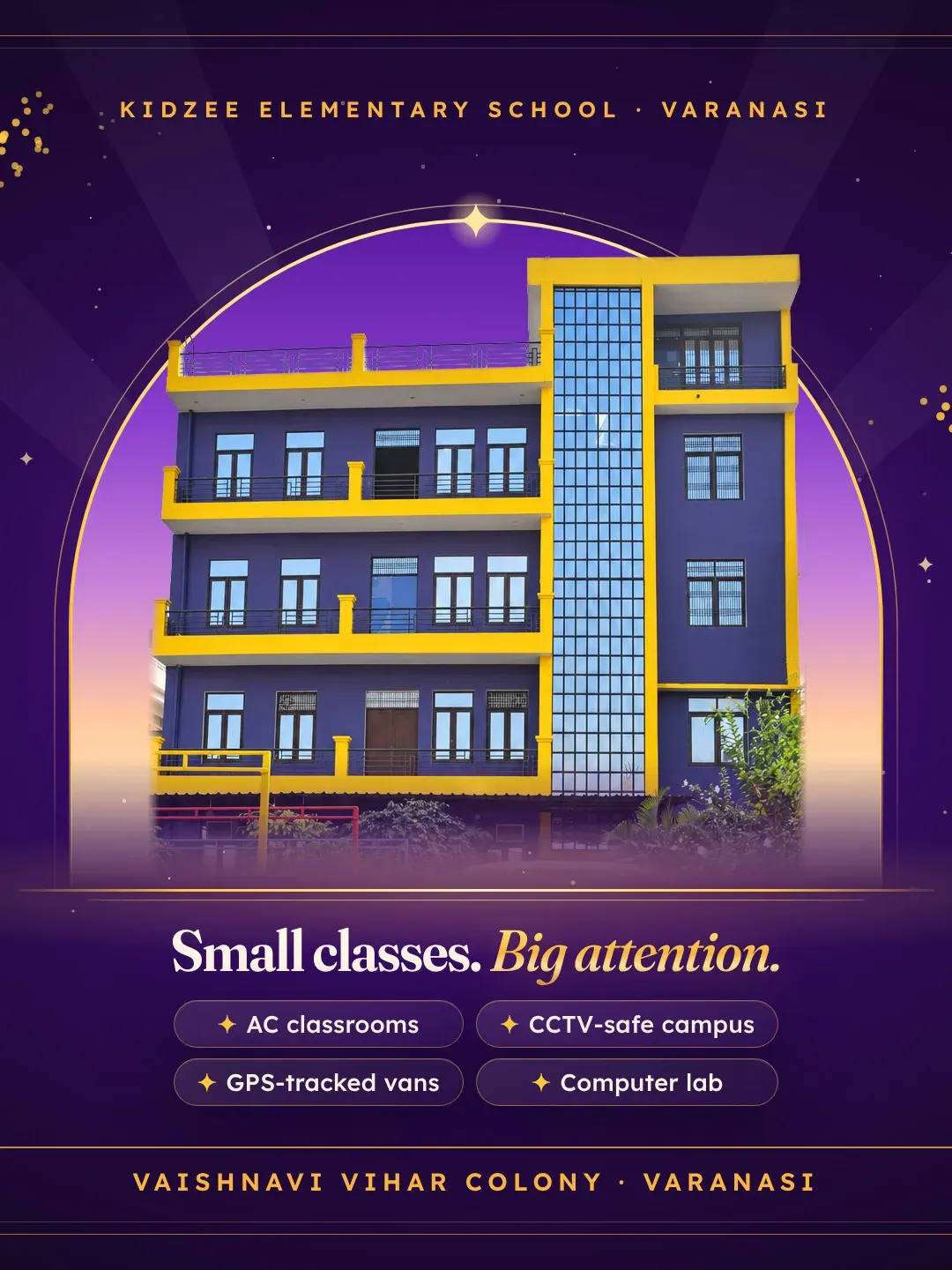 Instagram post: the school building in a gold arch, small classes and big attention