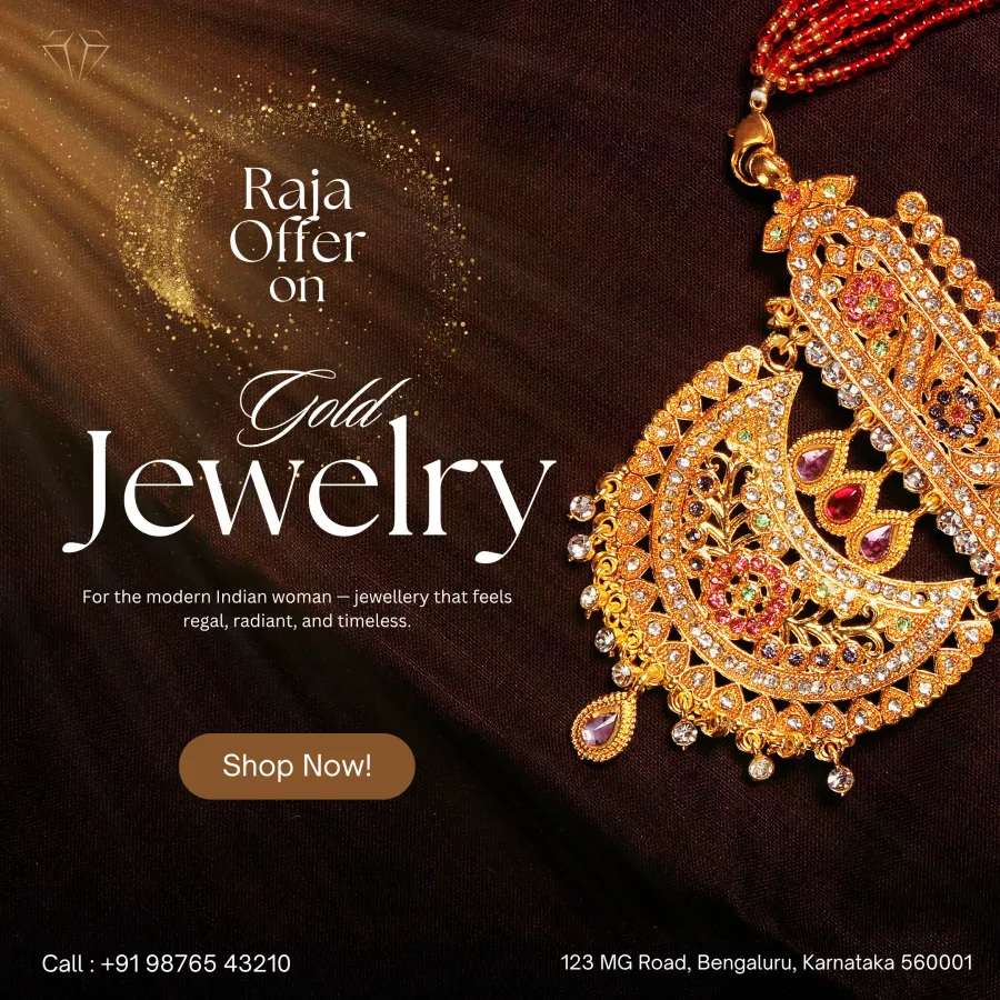 Festive gold-jewellery offer: a kundan pendant photographed on dark cloth, a high-contrast serif carrying the word, and gold particles kept sparse so the metal stays the brightest thing in frame