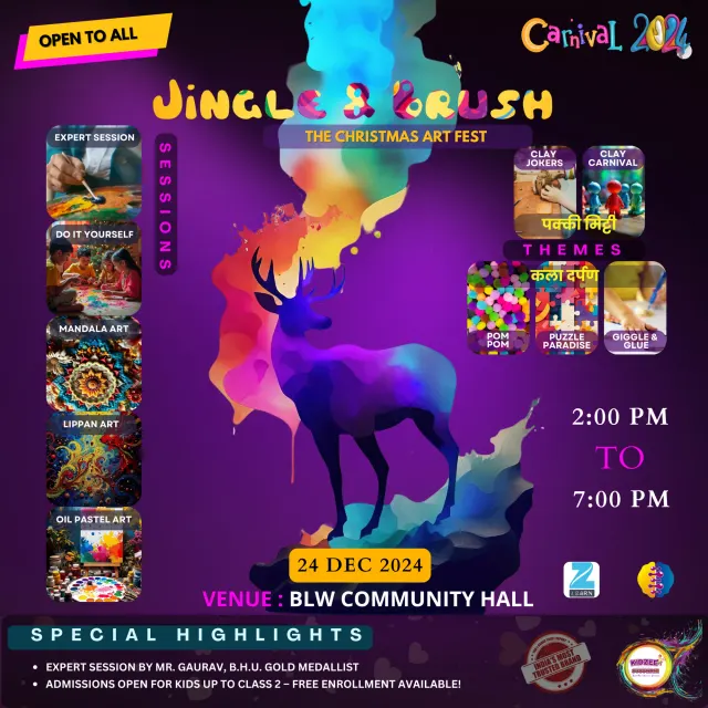 Square social post for the Jingle & Brush art fest, the stag cropped tight so the identity still registers on a phone at scrolling speed