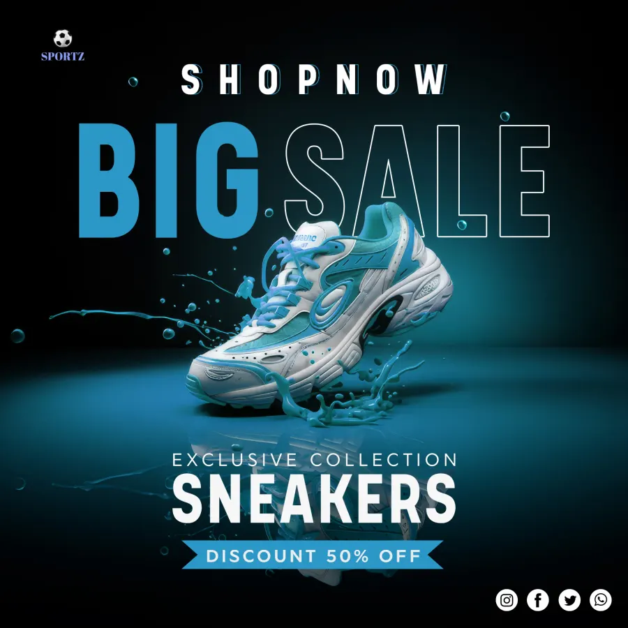 Sale creative for a sports label: one shoe on black with a cyan splash, and the headline split between solid and outlined letters so it reads as a single word full size and still separates at thumbnail