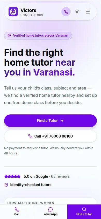 The same Victors Home Tutors site on a phone